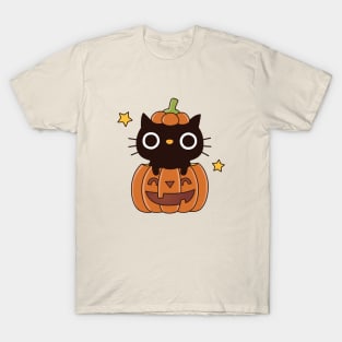 Cute Black Cat In Carved Pumpkin Halloween T-Shirt